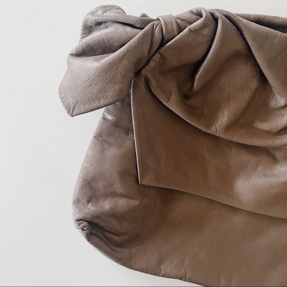taupe brown leather foldover clutch - pleated knot bow detail handbag - Picture 6 of 8